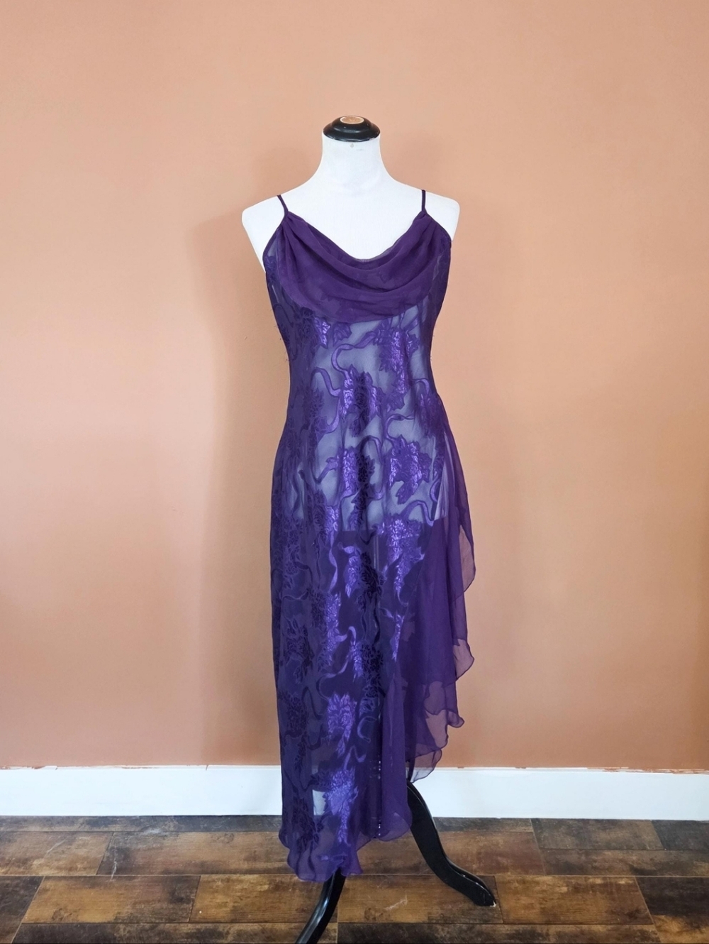 Vintage 1980s Purple Slip Dress by Victoria's Secret / Cowl Neck Sheer Jacquard